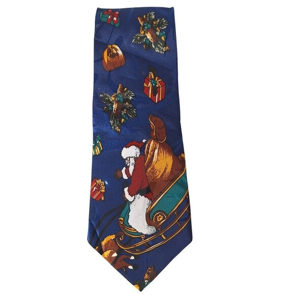 Santa Claus Flying In Sleigh Christmas Presents Gifts Holly Novelty Necktie - Picture 4 of 7